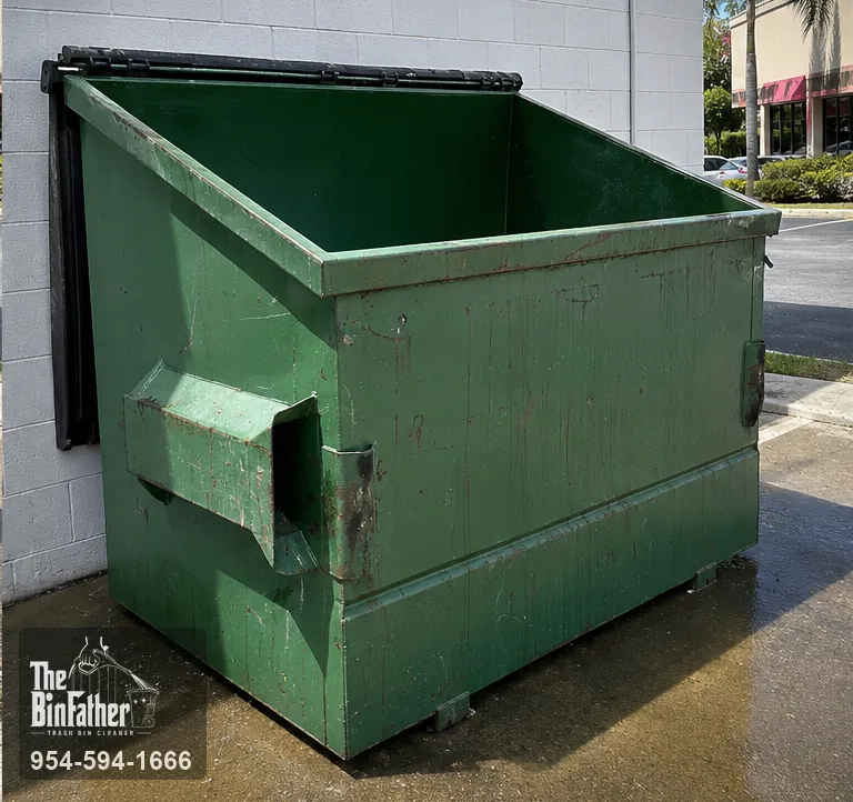 A shopping centre dumpster at the loading bay, commercial dumpster cleaning in South Florida — after cleaning
