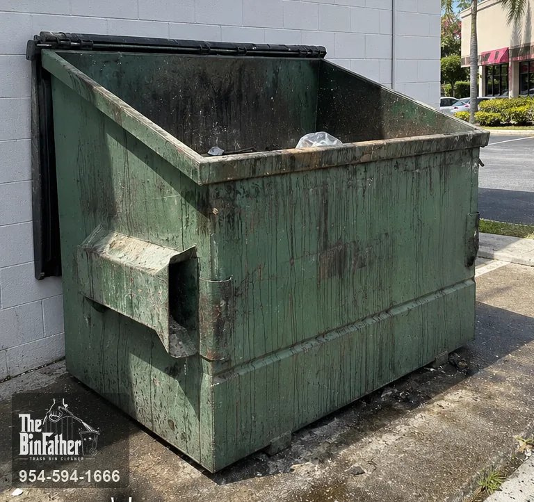 A shopping centre dumpster at the loading bay, commercial dumpster cleaning in South Florida — before cleaning