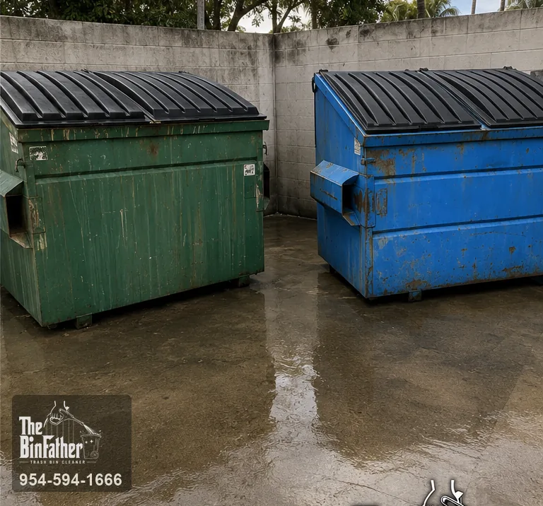 A pair of dumpsters in a shared corral, commercial dumpster cleaning in South Florida — after cleaning