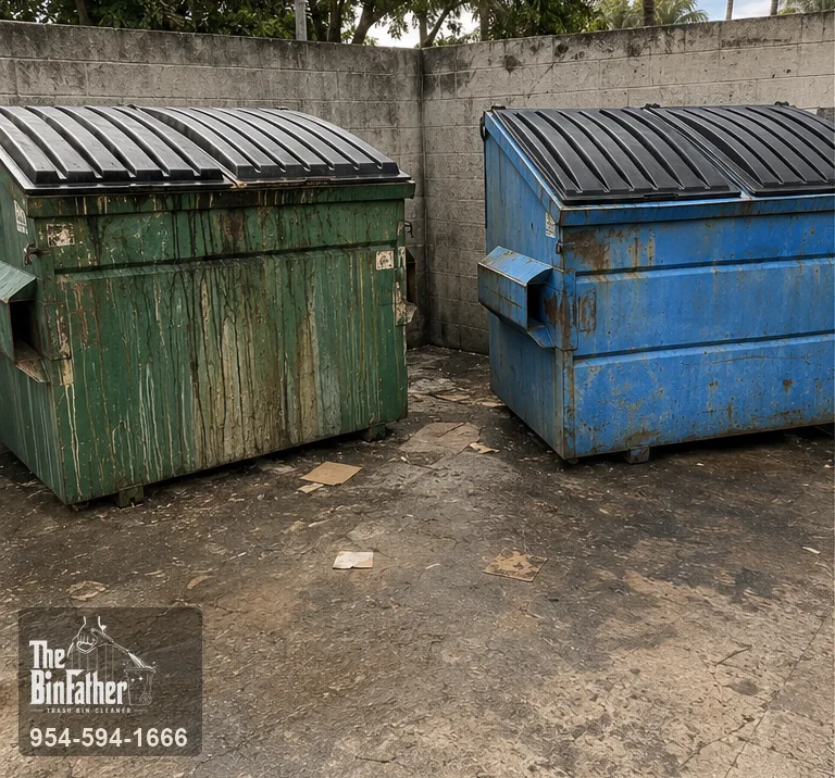 A pair of dumpsters in a shared corral, commercial dumpster cleaning in South Florida — before cleaning