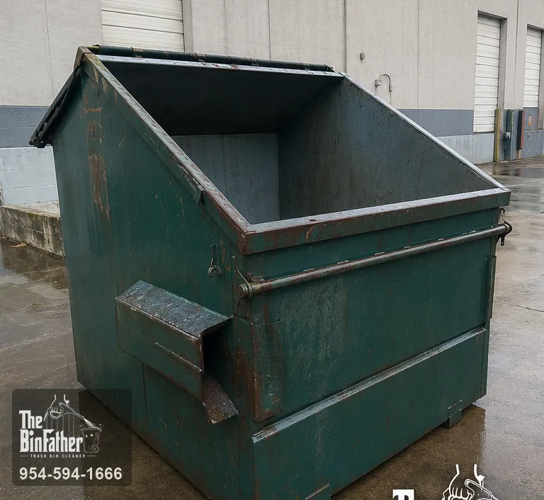 An industrial dumpster at a warehouse dock, commercial dumpster cleaning in South Florida — after cleaning