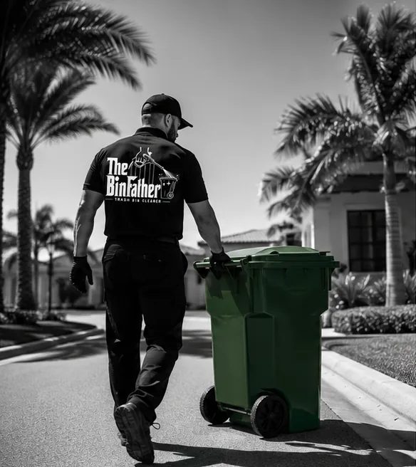 A BinFather technician wheeling a cart back up a palm-lined street