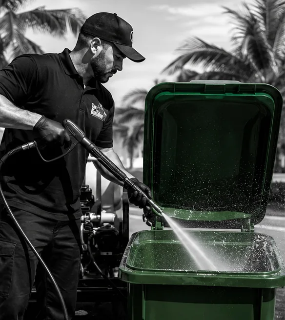 A technician washing out the inside of a green cart at the truck