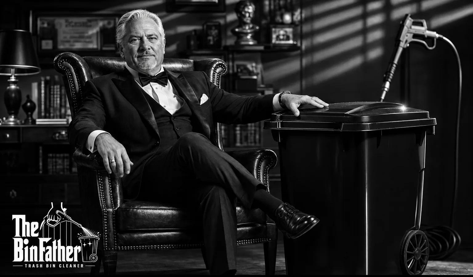 The BinFather — a portrait in the style of a 1970s film still, seated beside a spotless bin