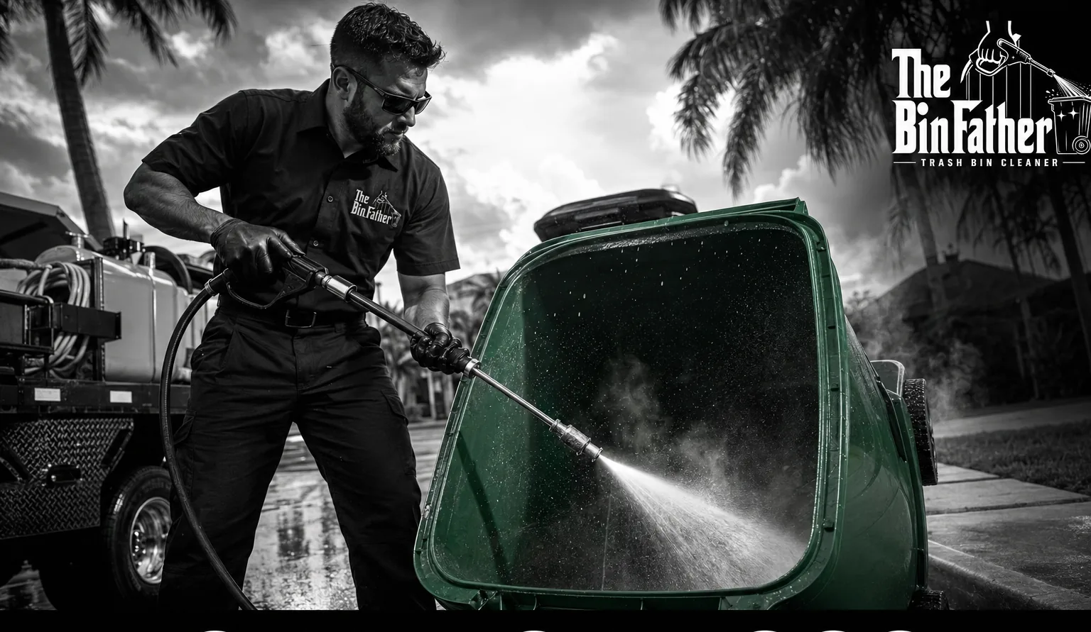 A BinFather technician washing out a green cart beside the service truck under a Florida sky