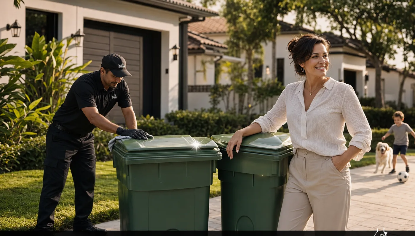 A BinFather technician finishing a pair of clean bins outside a South Florida home