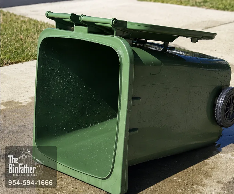 The open mouth of a wheeled bin, trash bin cleaning in South Florida — after cleaning
