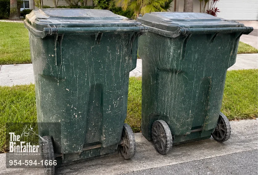 A pair of curbside carts, trash bin cleaning in South Florida — before cleaning