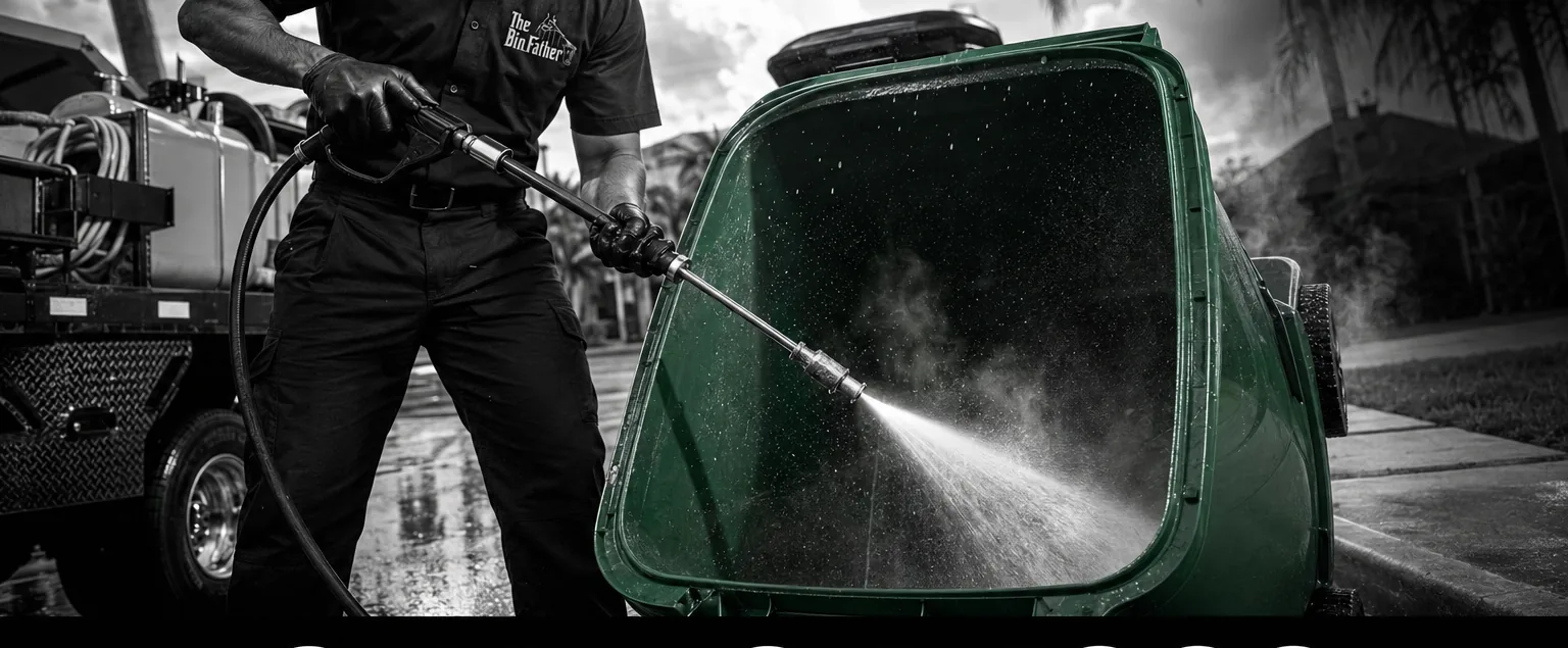 A BinFather technician pressure-washing a green bin beside the service truck